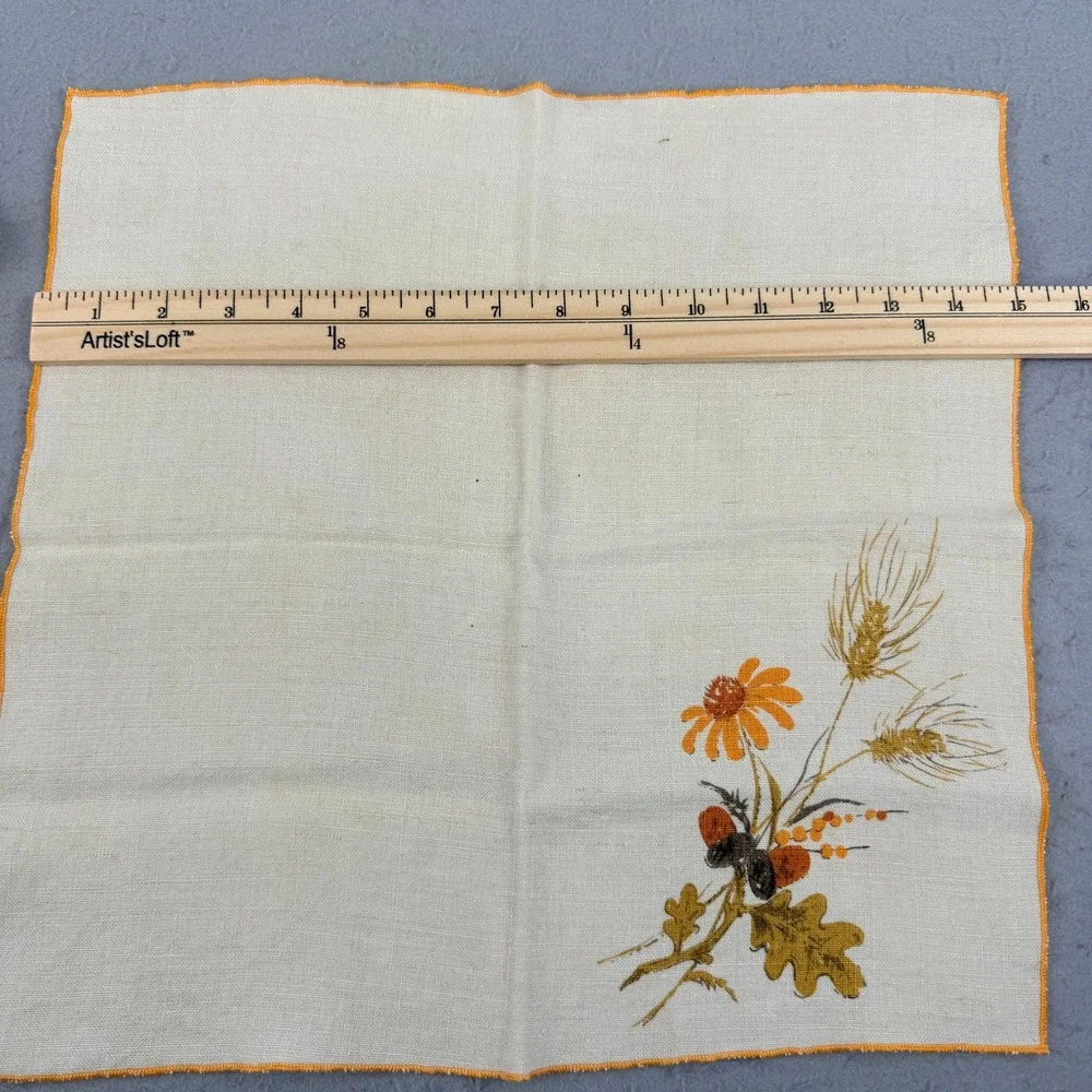 7pc Vtg Signed Luther Travis Fall Harvest Linen Set 4 Placemats‎ 3 Napkins Wheat